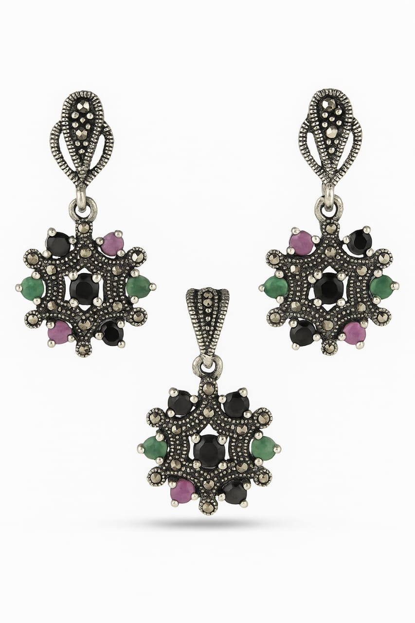 92.5 Sterling Silver Real Stone Pendent Set