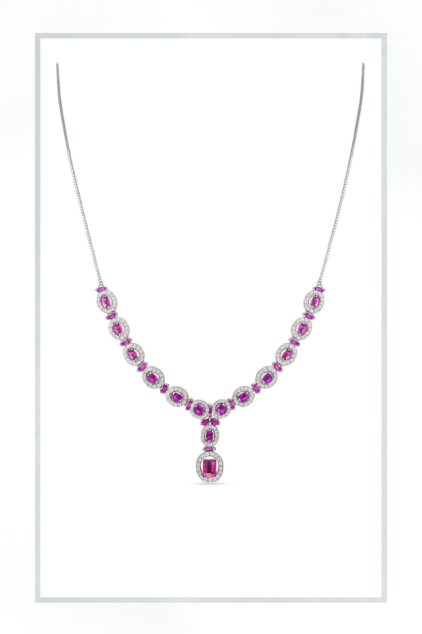 92.5 Sterling Silver Pink CZ Studded Light Weight Necklace Set