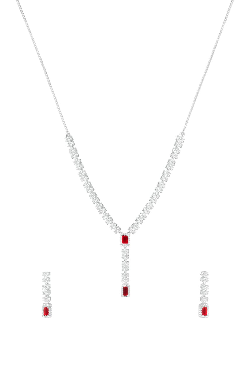 92.5 Sterling Silver Pink CZ Studded Light Weight Necklace Set