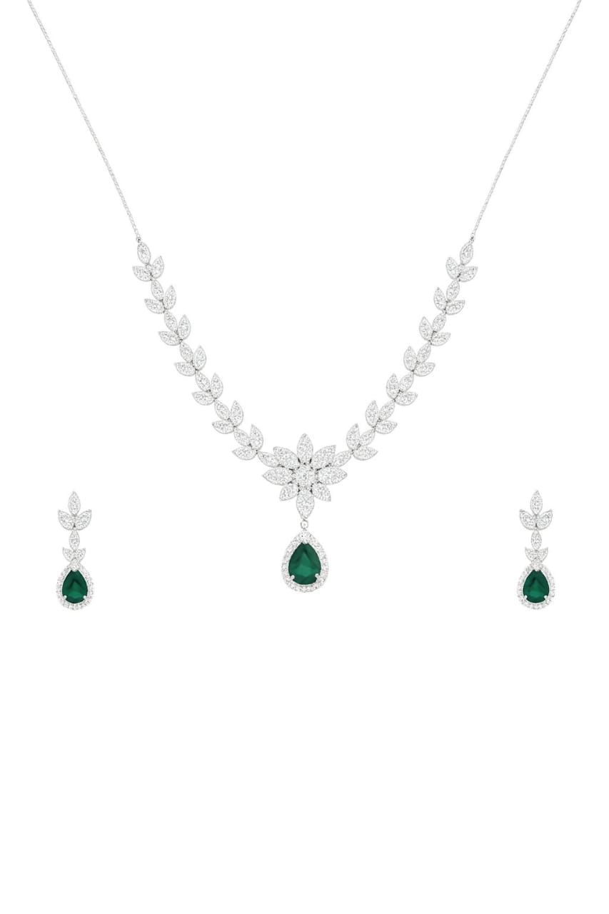 92.5 Sterling Silver CZ Studded Light Weight Necklace Set