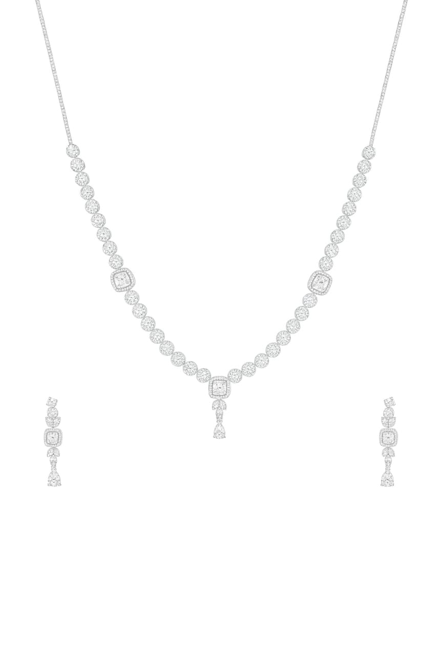 92.5 Sterling Silver CZ Studded Light Weight Necklace Set