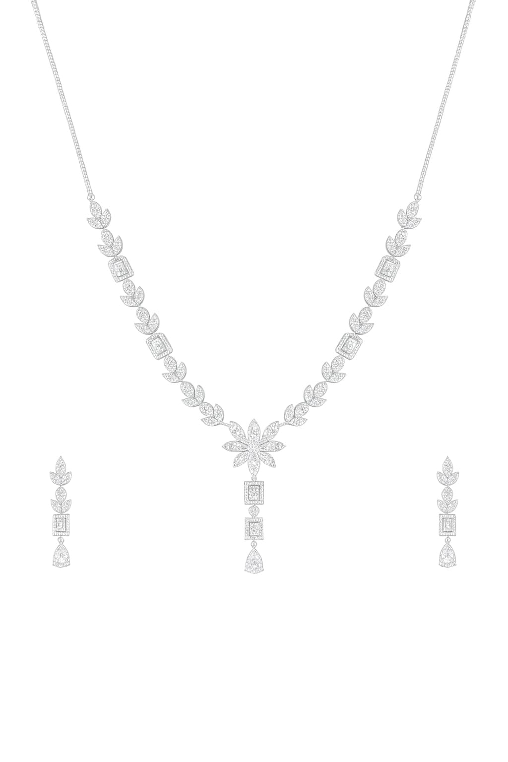 92.5 Sterling Silver CZ Studded Light Weight Necklace Set
