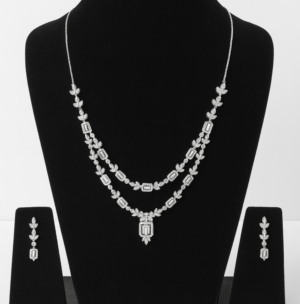 92.5 Sterling Silver CZ Studded Light Weight Necklace Set